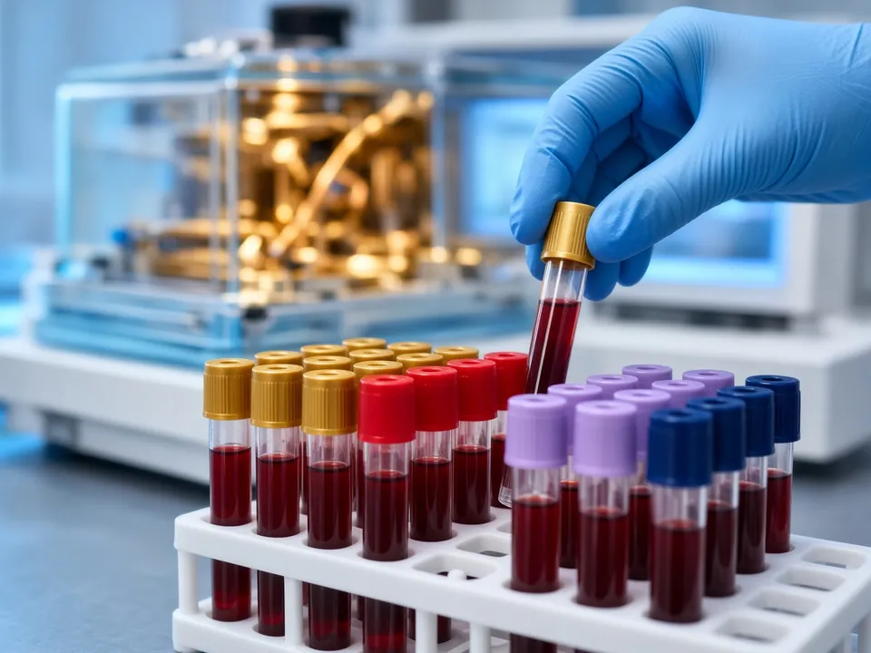 Blood sample tubes and lab equipment in navy and gold light